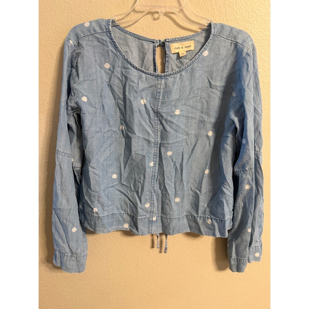 Cloth & Stone Polka Dot Denim Tencel Long Sleeve Tie Back Cropped Top XS